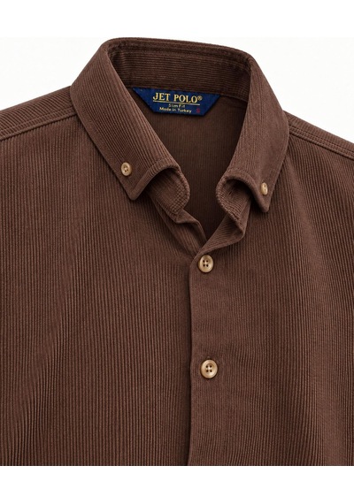 Classics Men Jet Polo Uzun Kol Slim Fit Erkek Kadife Gömlek - 7779 Kahverengi