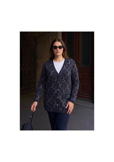 Onno Style Women Kalp Desenli Klasik Triko Düğmeli Ceket Lacivert