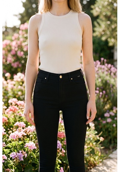 Soulshae Likralı Yüksek Bel Kemerli Skinny Denim Pantolon Siyah