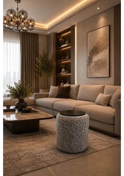 Premium Ahşap Üstlü Yuvarlak Bukle Puf Modern Gri - 878843025 Gri