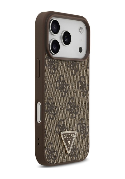 Apple iPhone Uyumlu 18 Pro Kılıf Guess Lisanslı M-safeli Taşlı Üçgen Logo 4g Desenli Strass Kapak Kahverengi