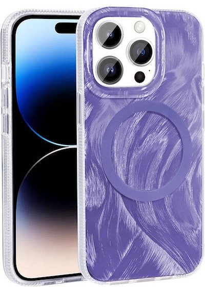 Apple Uyumlu iPhone 14 Pro Kılıf Magsafe Şarj Özellikli Fırça Boya Desenli Tchs Palet Kapak - Mor Mor