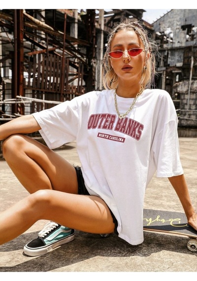 Kadın Beyaz Oversize Outher Banks Baskılı T-shirt Beyaz