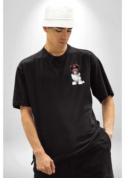 Biewer Yorshire Terrier Siyah Oversize Unisex Ön Sol Yan Minimal Baskılı Tişört Koyu Siyah