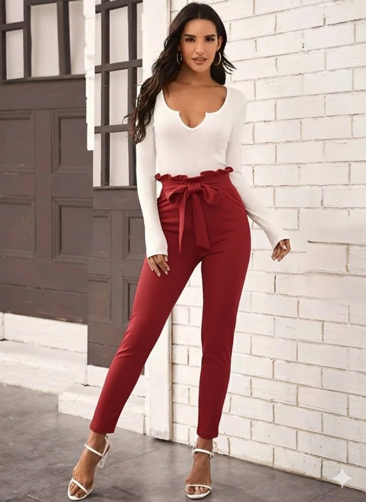 Tua Moda Kadın Yüksek Bel Beli Fırfırlı Önden Bağlamalı Ithal Krep Pantolon Bordo