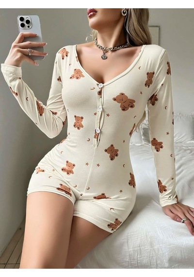 İkikareshop Kadın Bej Ayıcık Desenli Pijama Tulumu 5123 Çok Renkli