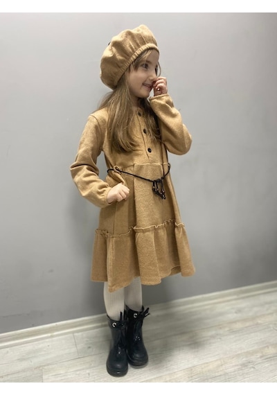 Kaşe Kumaş Şapkalı Kız Çocuk Elbise Mnk0559 001