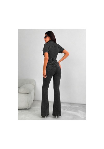 Kene Jeans Kısa Kol Kar Siyah Likralı Denim İspanyol Paça Tulum Siyah