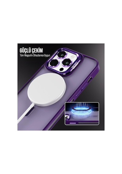 iPhone Uyumlu 14 Plus / 15 Plus Kamera Koruma Stantlı Magsafe Destekli Lens Koruyucu Telefon Kılıfı Mor