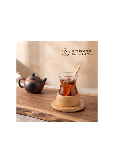 18 Parça Bambu Çay Seti - 6 Çay Bardağı - Borosilikat Cam Çok Renkli
