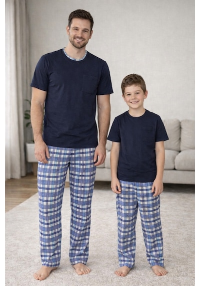 Rindahomewear Lacivert Kısa Kol Baba-oğul Cepli Pijama Takım Lacivert-80500