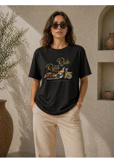 Defymoda Motosiklet Baskılı Tişört Bisiklet Yaka Kısa Kol Yazlık T-shirt - Siyah