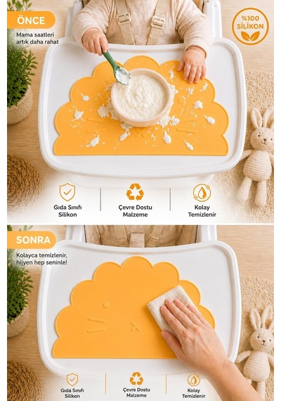 %100 Silikon Bebek Beslenme Matı Kolay Temizlenebilir Mama Altlığı Sarı