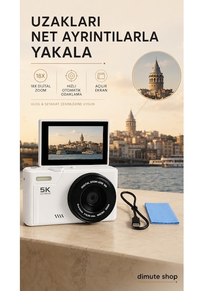 5k Uhd 75 Mp Dijital Kamera 18x Zoom Retro Tasarım Seyahat & Vlog Fotoğrafçılığı Beyaz