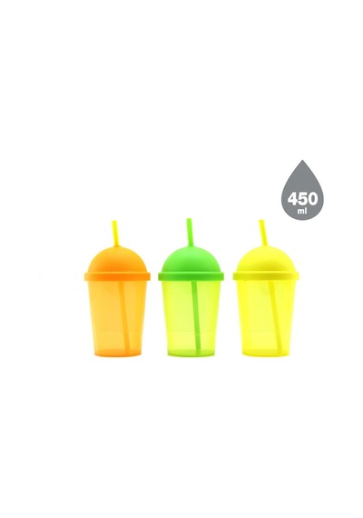 Qlux L-01020 Rainbow Pipetli Plastik Bardak 450 Ml - Şeffaf Renkli- 12'li Paket