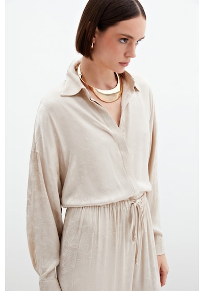 Sateen Jakarlı Saten Gömlek - Bej-136037 Bej