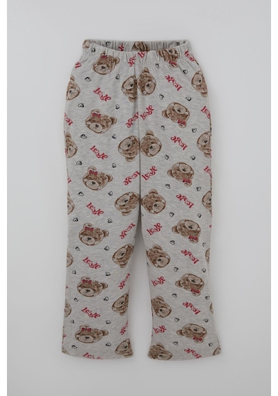 Breeze Kız Çocuk Pijama Takımı Sevimli Fiyonklu Ayıcık Desenli 7-11 Yaş, Açık Gri Melanj