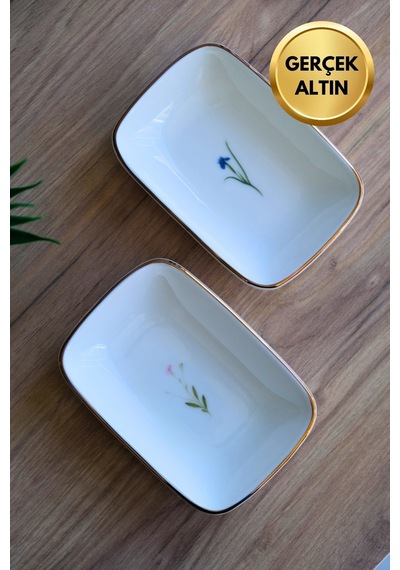 Tabak Evi Porselen Natura Karma Altın Yaldızlı Dikdörtgen Kayık Tabak 14x9,8cm 2 Parça Çok Renkli