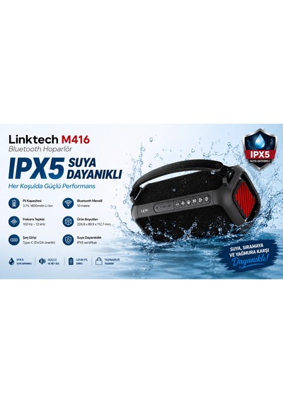 Linktech Premium Bluetooth Hoparlör - Linktech M416 Premium Ipx5 Sertifikalı Işıklı Bluetooth Hoparl