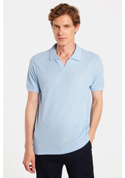 Tudors Erkek Slim Fit Dar Kesim Viskon Kumaş Desenli Düz Pike Düğmesiz Açık Mavi Polo Yaka Tişört-34764 Açik Mavi