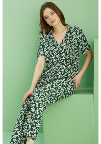 Siyah İnci Bürümcük Krınkıl Kumaş Örme Düğmeli Pijama Takım25118563 Çok Renkli