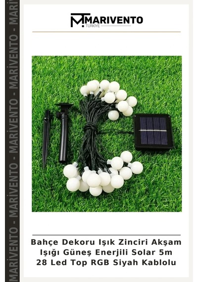 Bahçe Dekoru Işık Zinciri Akşam Işığı Güneş Enerjili Solar 5m 28 Led Top Rgb Siyah Kablolu