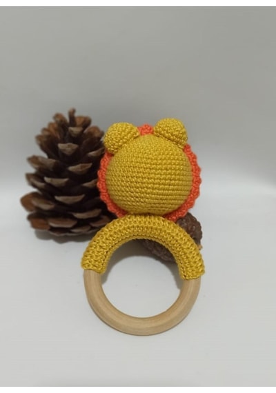 Yenidoğan Aslan Çıngırak Amigurumi Örgü Diş Kaşıyıcı Ham Ahşap Or Çok Renkli