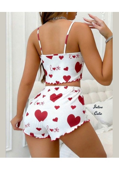 Intive Cutie Love Yazılı Kalp Desenli İnce Askılı Bralet Şort Takım/pijama Takımı Beyaz