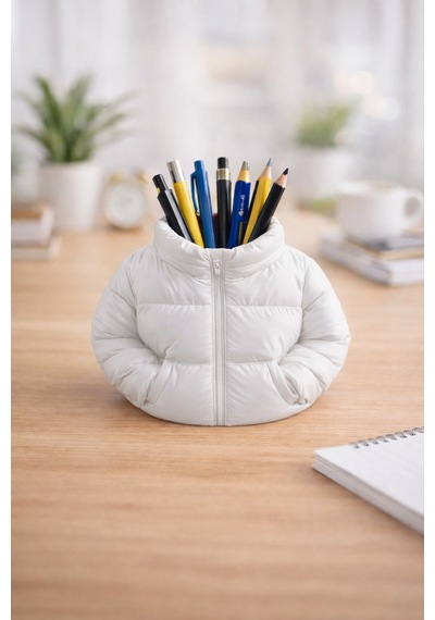 Puffer Jacket Masaüstü Kalemlik Dekoratif Ofis Organizer Beyaz