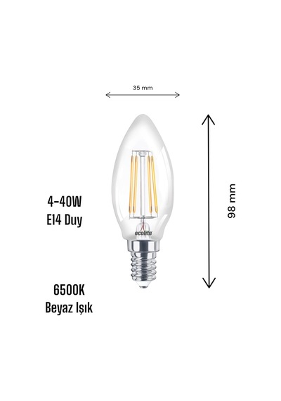 Ecolite 4w Led Filament Mum Ampul, E14 Duy, 6500k Beyaz Işık, 470 Lümen, Şeffaf Cam, Akkor Görünümlü Dekoratif L Diğer