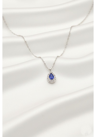 Çekirdekjewelry 925 Ayar Gümüş Safir Damla Taşlı Minik Kolye Gri
