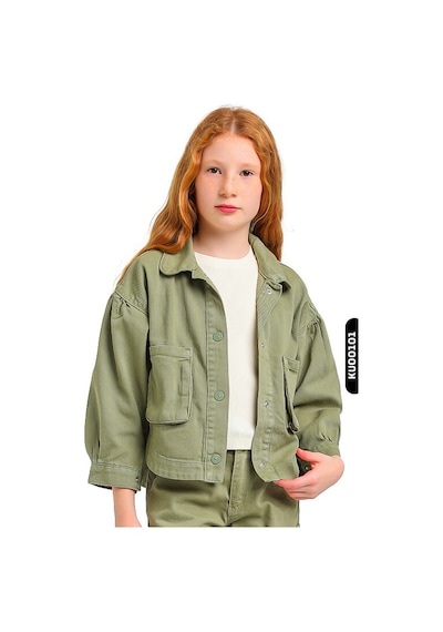 Xo Kids Sivri Yakalı Çift Cepli Çıt Çıt Kaplamalı Kız Çocuk Gömlek 5-14 Yaş 24216 Yeşil