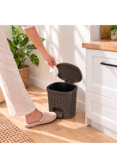 Tr 3 Litre Hasır Desenli Pedallı Çöp Kovası, Rattan Görünümlü Plastik İç Kovalı Kapaklı Banyo Mutfak Çöp Genel