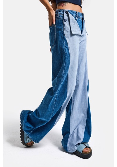 Itsbasic Kadın Kot Rengi Palazzo Fit Çift Kemer Detaylı Özel Tasarım Denim Jean