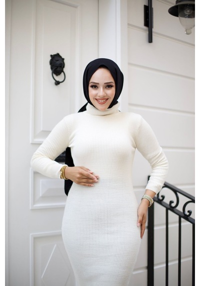 Hira Life Fashion Kadın Elbise Tesettür Giyim Balıkçı Yaka Ve Dar Kesim Triko Kalem Elbise Krem Krem