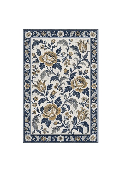 Kartela Halı Vintage Çiçek Bordürlü Halı Lacivert Kaymaz Taban Makinede Yıkanabilir 100x150 Cm