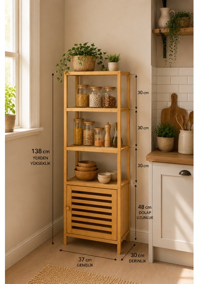 Robin Home Bambu Tek Kapaklı 4 Raflı Çok Amaçlı Düzenleyici Organizer Dolap Bej