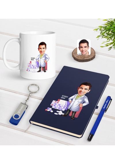 Kişiye Özel Erkek Eczacı Karikatürlü Lacivert Defter Kalem Kupa 3 N11.183