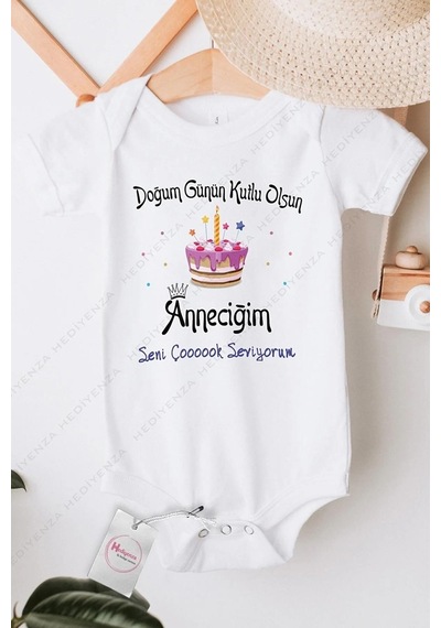 Hediyenza Doğum Günün Kutlu Olsun Anneciğim Özel Tasarım Bebek Zıbın Pamuklu Çıtçıtlı Body Beyaz