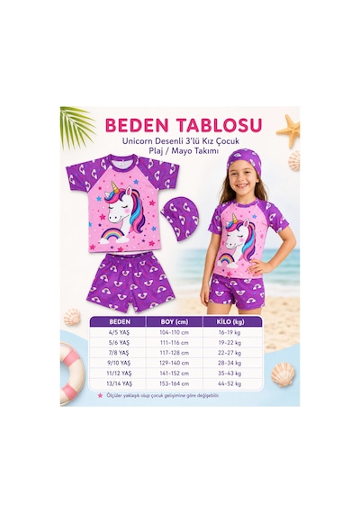 Rony Pony Kids Kız Çocuk 3 Lü Plaj Takımı Deniz Kızı Desenli Mayo Seti Bone Şortlu Mor Pembe