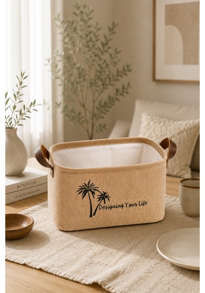 Jüt Kumaş Düzenleyici Sepet 30x21x18 Cm Açık Ağızlı Organizer Sepeti Raf Dolap Banyo Düzenleyici Doğal