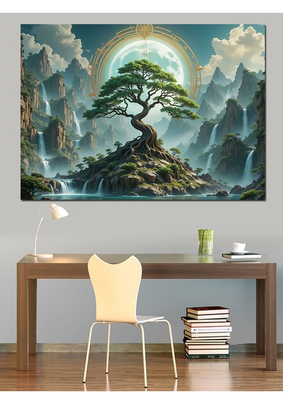 Dağlar Arasında Bonsai Ağacı Dekoratif Kanvas - Mdf Ahşap Tablo