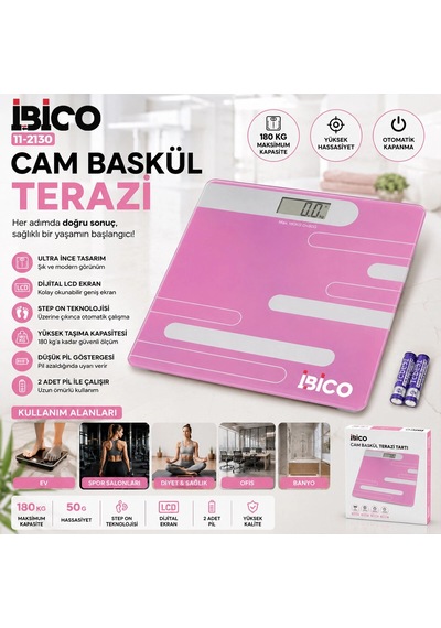 Dijital - Pilli Renkli Cam Banyo Baskül Terazi Tartı Lcd Ekran 180kg/50gr 26x26cm İ11-024 5580
