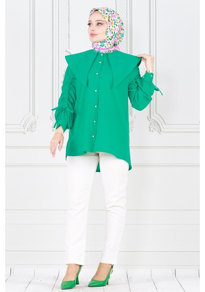 Sevitli Büyük Yaka Kolu Büzgü Detaylı Tunik-benetton Yeşili-3859-benetton Yeşili Yeşil