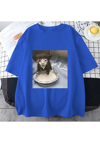 Flood Of Style Süt Yüz Kedi Meme Baskı T Shirt Garip Mizah Komik Kedi Grafik T-shirt Erkek Kadın Hip Hop Pam Mavi