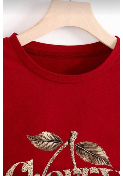 Gold Cherry Kadın Oversize Ön Baskılı Bisiklet Yaka Pamuklu T-shirt Rahat Kesim Kirmizi