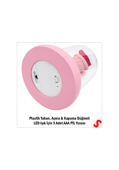 Solmayan Güllü Ayıcıklı Led Işıklı Cam Fanus - Pembe
