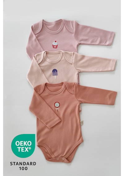 Luppinos Candy 3lü %100 Pamuk Nakışlı Uzun Kol Bebek Body Set Açık Pembe - Krem