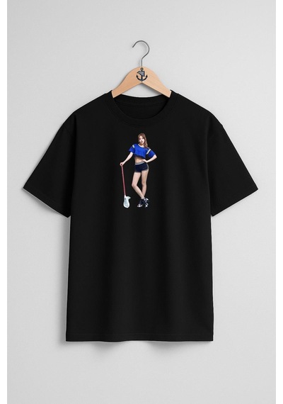 Oversize Aoa Singer K-pop Heart Attack Korean İdol Göğüs Tasarımlı Unisex T-shirt Siyah