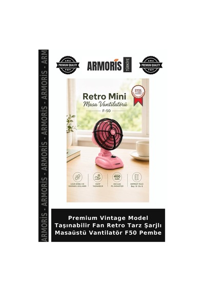 Premium Vintage Model Taşınabilir Fan Retro Tarz Şarjlı Masaüstü Vantilatör F50 Pembe
